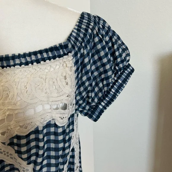 EUC Free People Blue Gingham Off-Shoulder Top Small / Medium - Picture 6 of 11